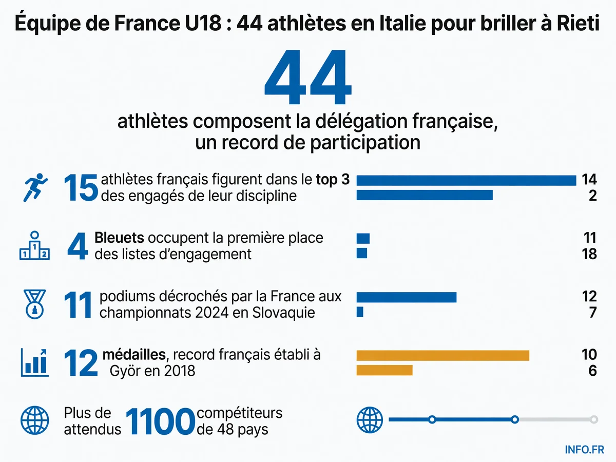 Infographie présentant les chiffres clés de la délégation française aux Championnats d'Europe U18 d'athlétisme à Rieti: effectif record de 44 athlètes, 15 dans le top 3 des engagés, objectif de battre le record de 12 médailles.