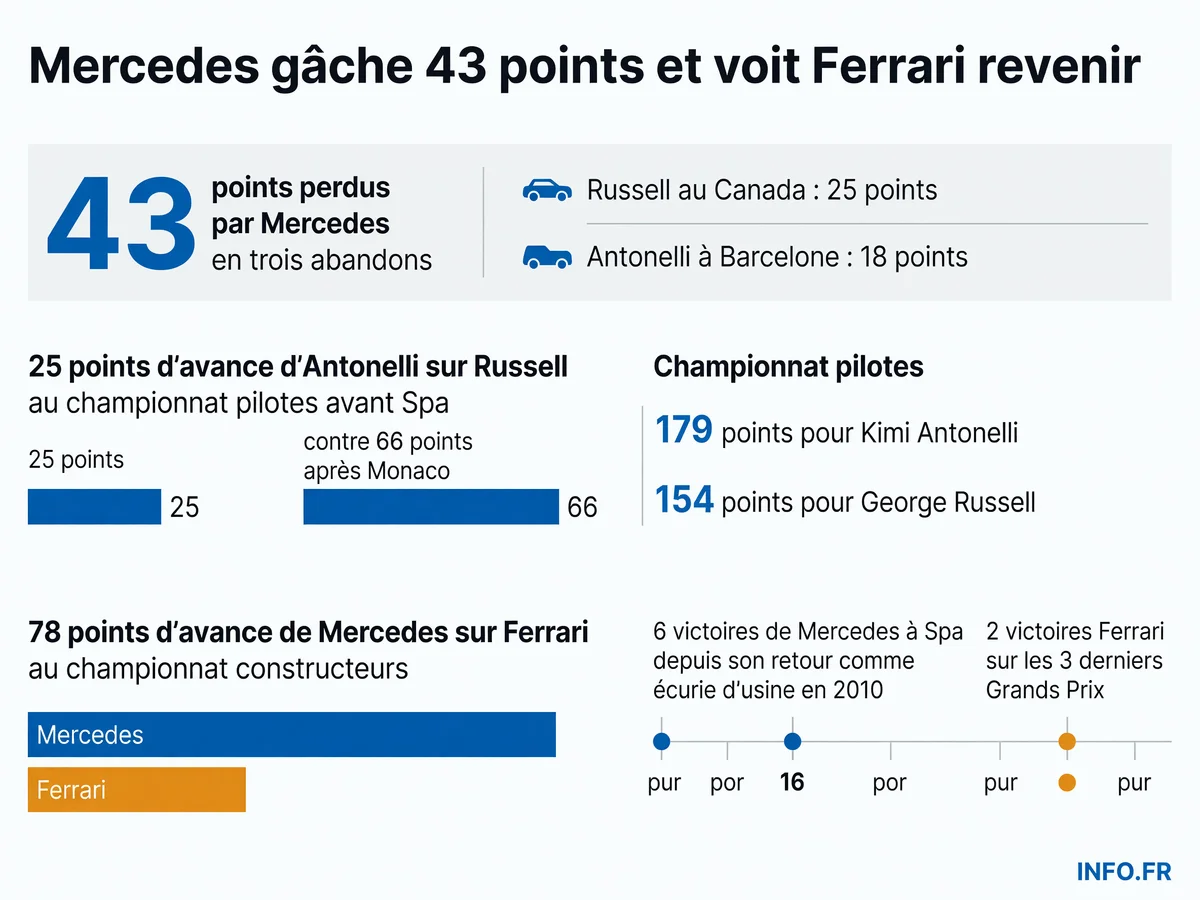 Mercedes perd 43 points en trois abandons mécaniques et voit son avance au championnat fondre face à Ferrari avant le GP de Belgique à Spa-Francorchamps.