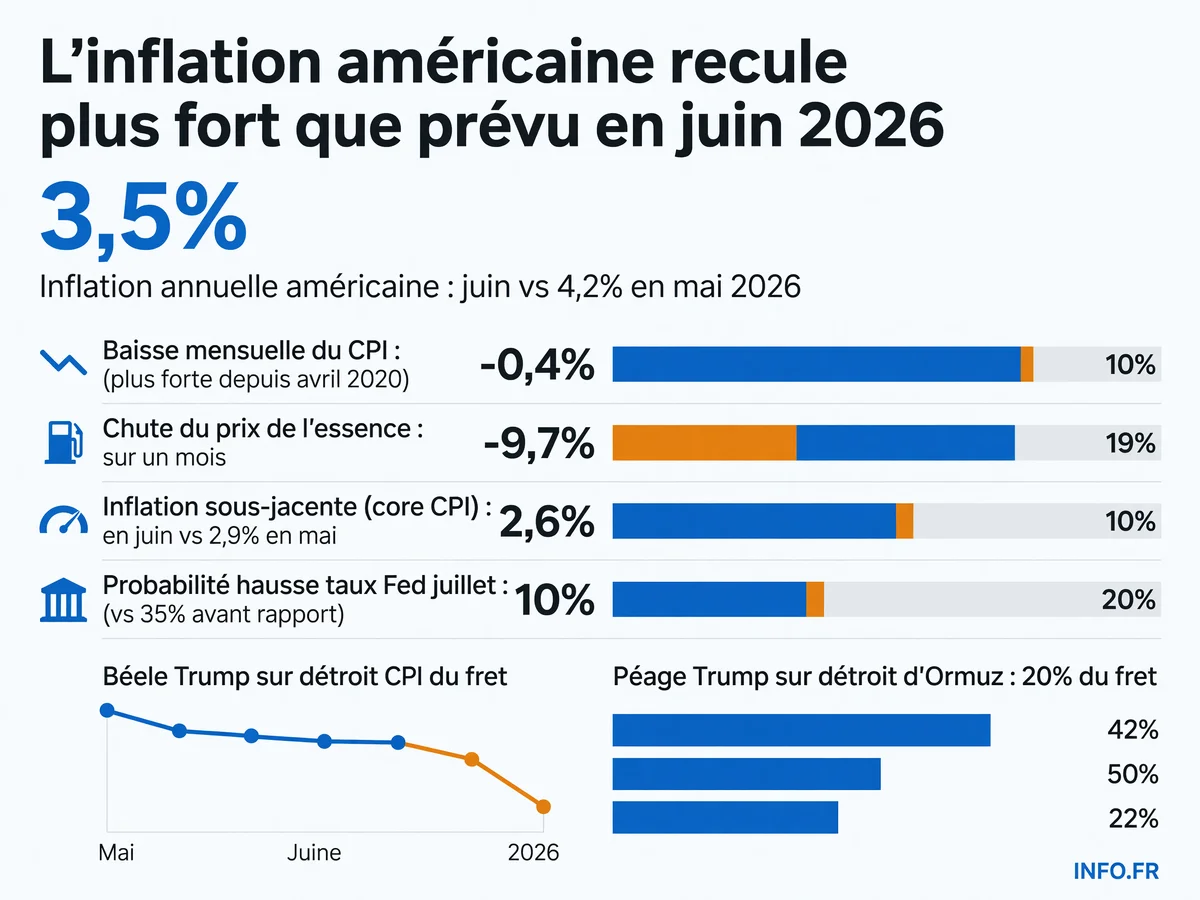 Évolution de l'inflation américaine en juin 2026: recul surprise du CPI à 3,5% annuel et -0,4% mensuel, tiré par la chute de 9,7% du prix de l'essence.