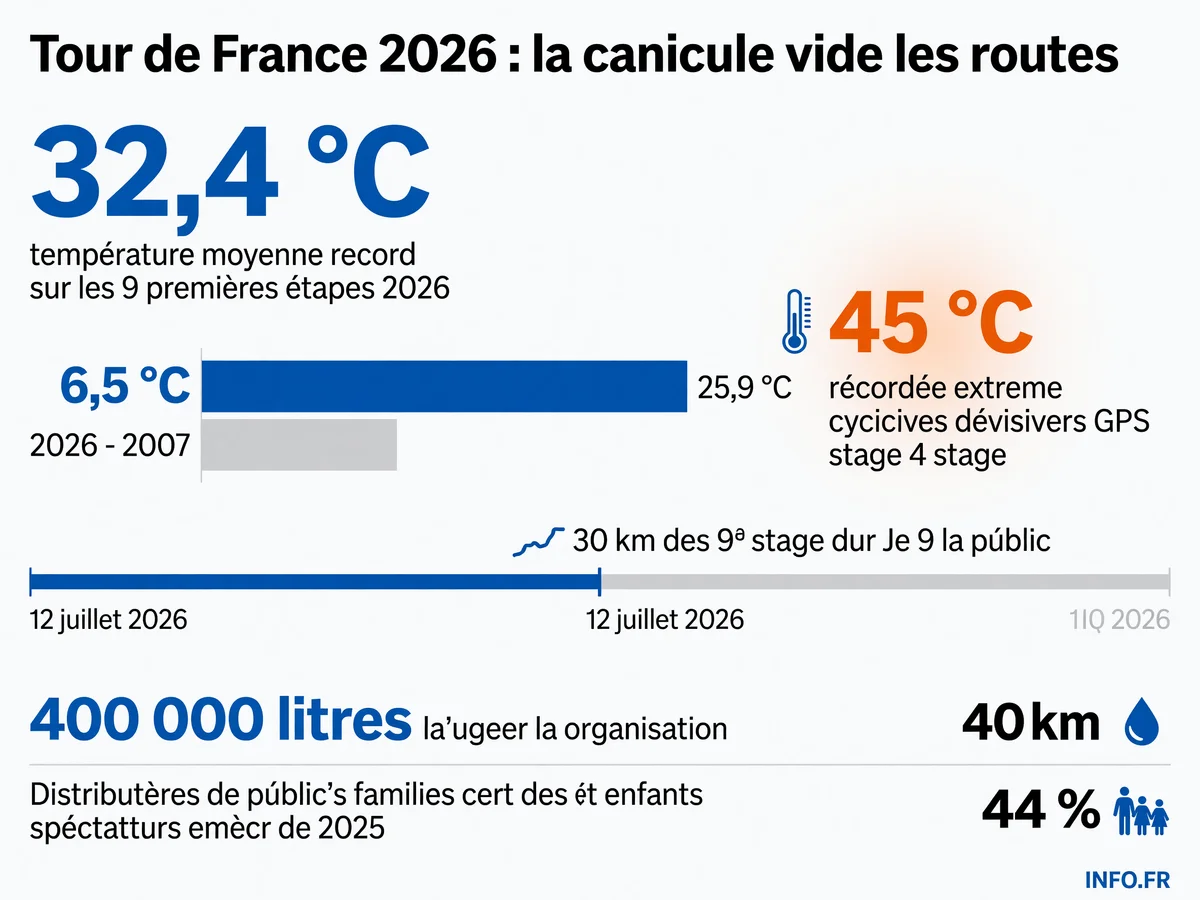 Le Tour de France 2026 bat tous les records de chaleur avec une température moyenne de 32,4 degrés, 6,5 degrés de plus que le record de 2007, et une 9e étape raccourcie de 30 km en raison de la vigilance rouge canicule.