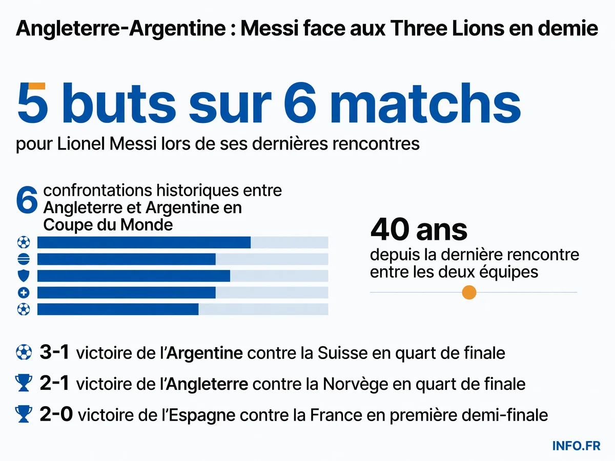 Statistiques clés de la demi-finale Angleterre-Argentine en Coupe du Monde 2026 à Atlanta avec le parcours de Messi meilleur buteur et l'attente historique anglaise