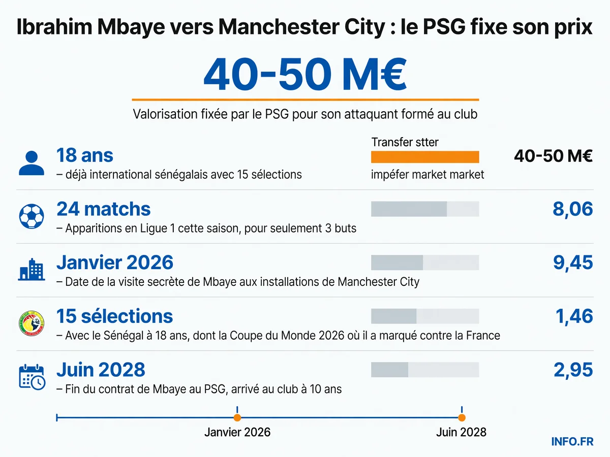 Ibrahim Mbaye, attaquant de 18 ans du PSG valorisé entre 40 et 50 millions d'euros, courtisé par Manchester City et plusieurs clubs de Premier League après sa Coupe du Monde 2026 avec le Sénégal