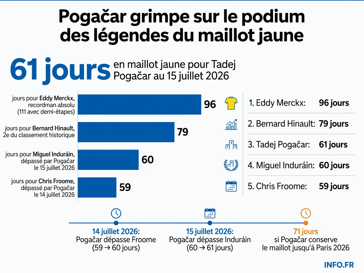 Classement historique des porteurs du maillot jaune du Tour de France, avec Pogačar grimpant à la 3e place en juillet 2026.