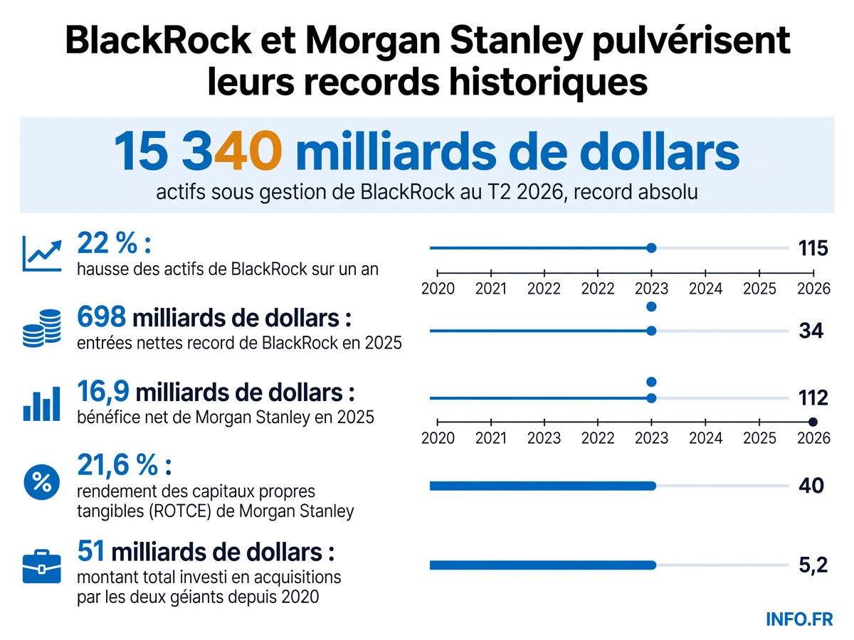 Comparaison des résultats records de BlackRock et Morgan Stanley entre 2024 et 2026, avec focus sur les actifs sous gestion et la rentabilité.