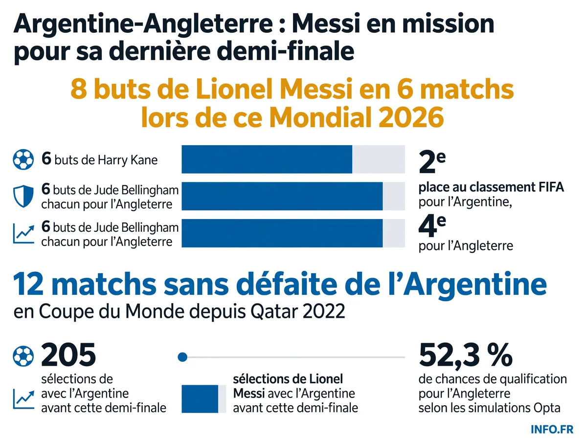 Statistiques clés de la demi-finale Argentine-Angleterre de la Coupe du Monde 2026 à Atlanta: buts de Messi, série argentine, duo offensif anglais, probabilités Opta et vulnérabilité défensive de l'Albiceleste