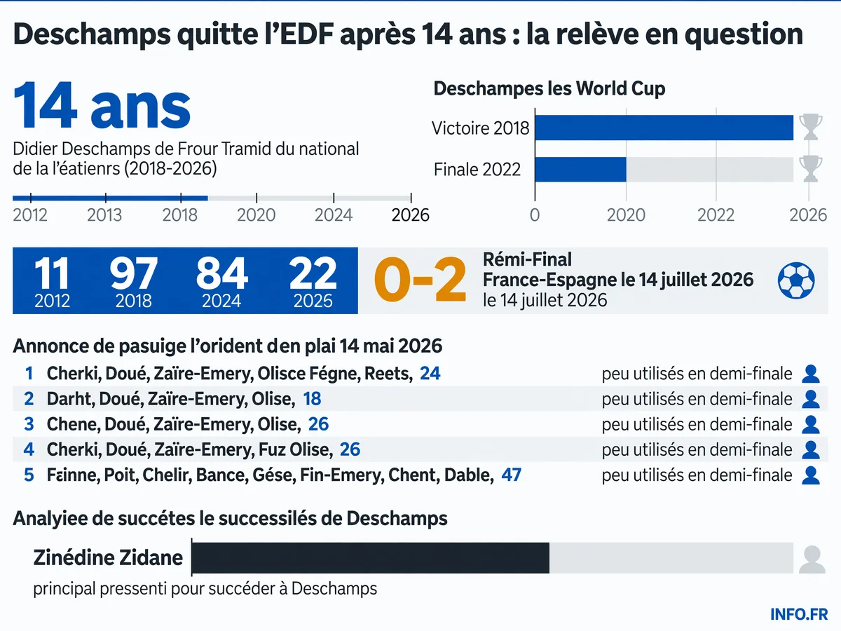 Infographie présentant les chiffres clés du mandat de Didier Deschamps à la tête de l'équipe de France (2012-2026), son bilan en Coupe du monde, le temps de jeu limité de la relève au Mondial 2026, et les enjeux de sa succession.