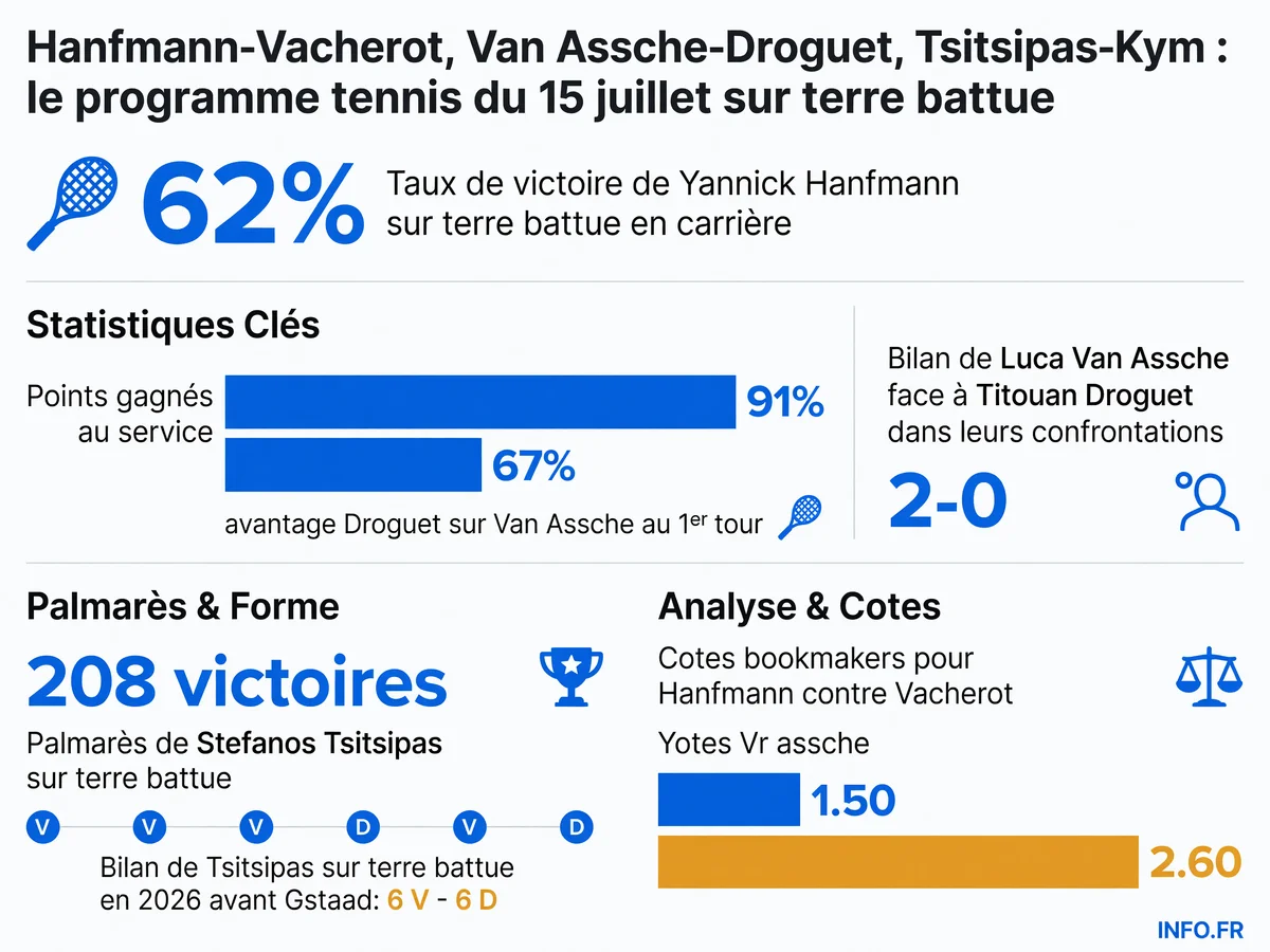 Statistiques des trois huitièmes de finale du 15 juillet 2026 sur terre battue à Gstaad et Umag: taux de victoire, bilans et pronostics.