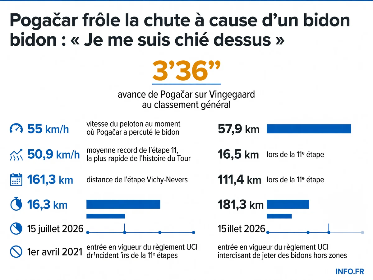 Infographie sur l'incident du bidon de Pogačar lors de l'étape 11 du Tour de France 2026: vitesse, distance, avance au classement et chronologie du règlement UCI