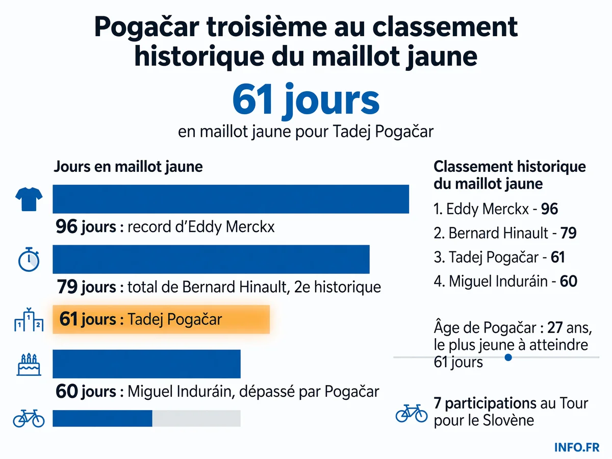 Classement historique des porteurs du maillot jaune au Tour de France, Pogačar grimpe à la 3e place avec 61 jours