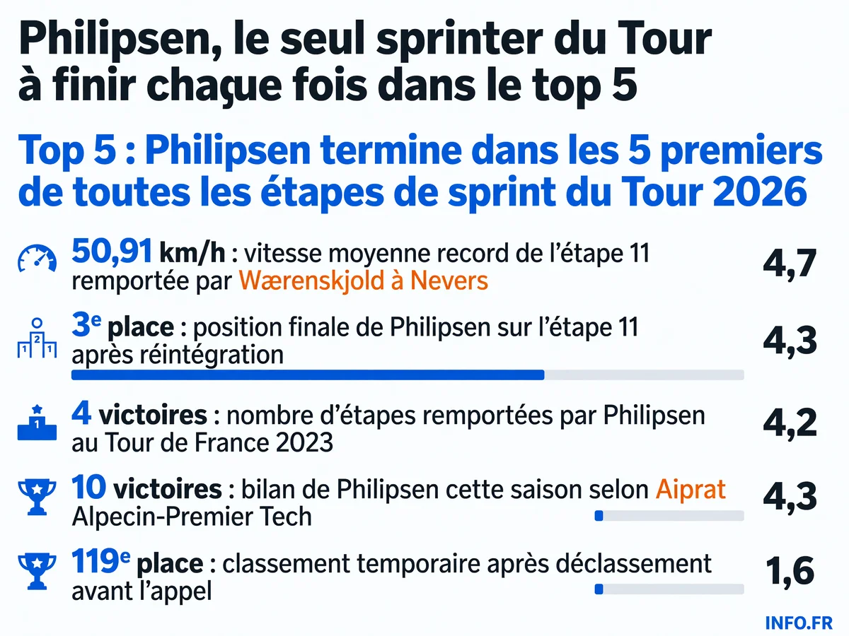 Philipsen reste le seul sprinter à terminer dans le top 5 de toutes les étapes de sprint du Tour 2026 malgré aucune victoire