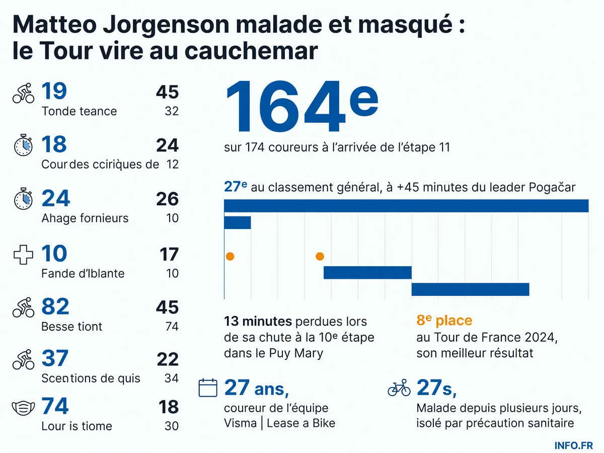 Matteo Jorgenson termine 164e de l'étape 11 du Tour de France 2026, isolé par son équipe Visma en raison d'une maladie non identifiée