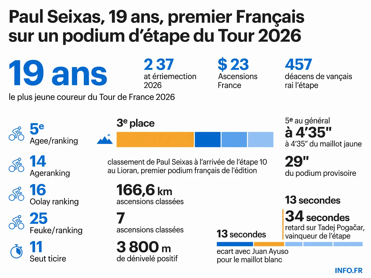Classement et performance de Paul Seixas lors de l'étape 10 du Tour de France 2026 au Lioran: troisième de l'étape, cinquième du général, en lice pour le maillot blanc.