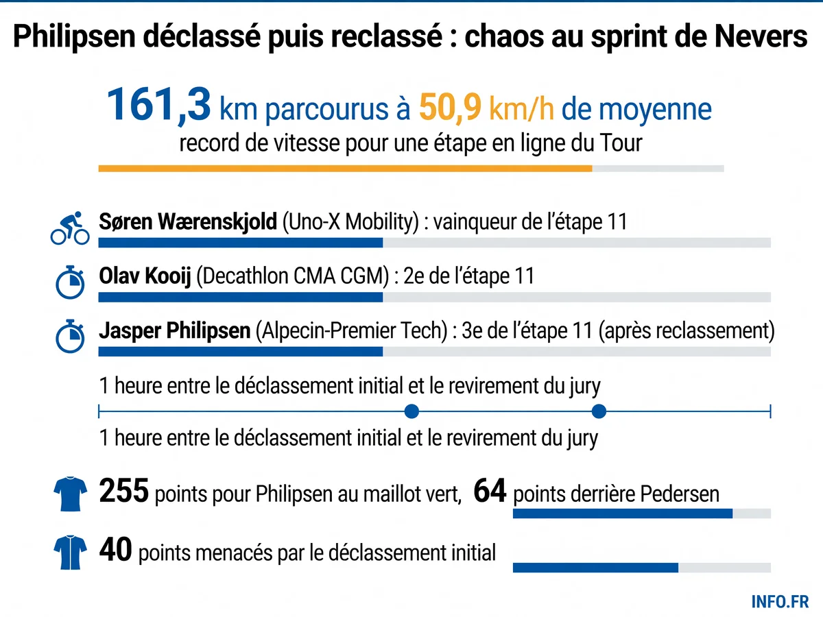 Chronologie de l'imbroglio Philipsen sur l'étape 11 Vichy-Nevers du Tour de France 2026: déclassement puis reclassement après appel.