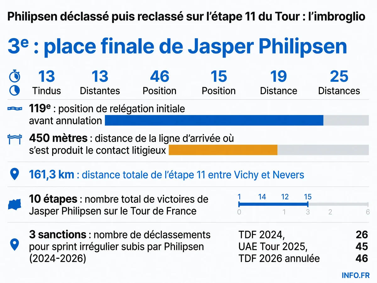 Chronologie de l'imbroglio Philipsen lors de l'étape 11 du Tour de France 2026 entre Vichy et Nevers: déclassement initial à la 119e place puis réintégration à la 3e place après appel d'Alpecin-Premier Tech.