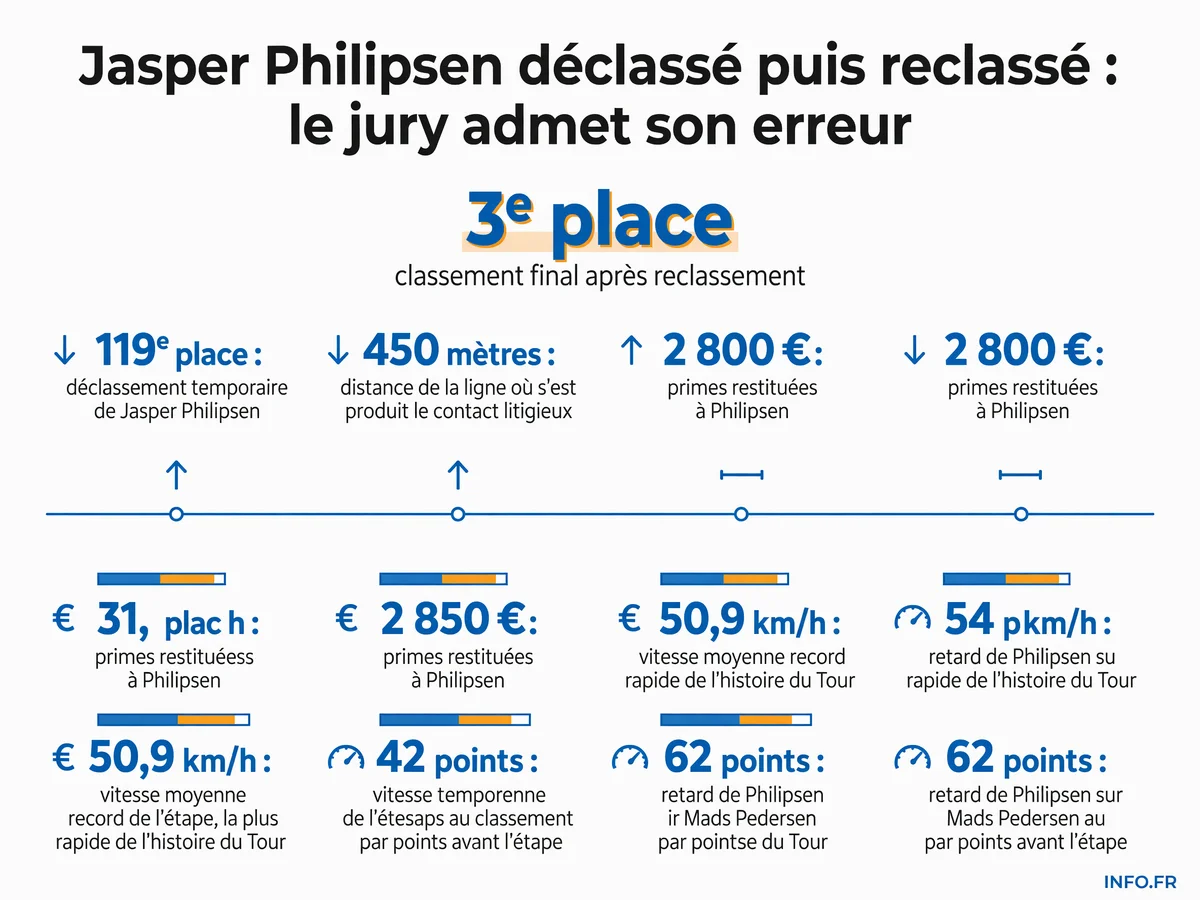 Chronologie de l'imbroglio Philipsen sur l'étape 11 du Tour de France 2026: déclassement initial, contestation, réexamen des images et reclassement final.