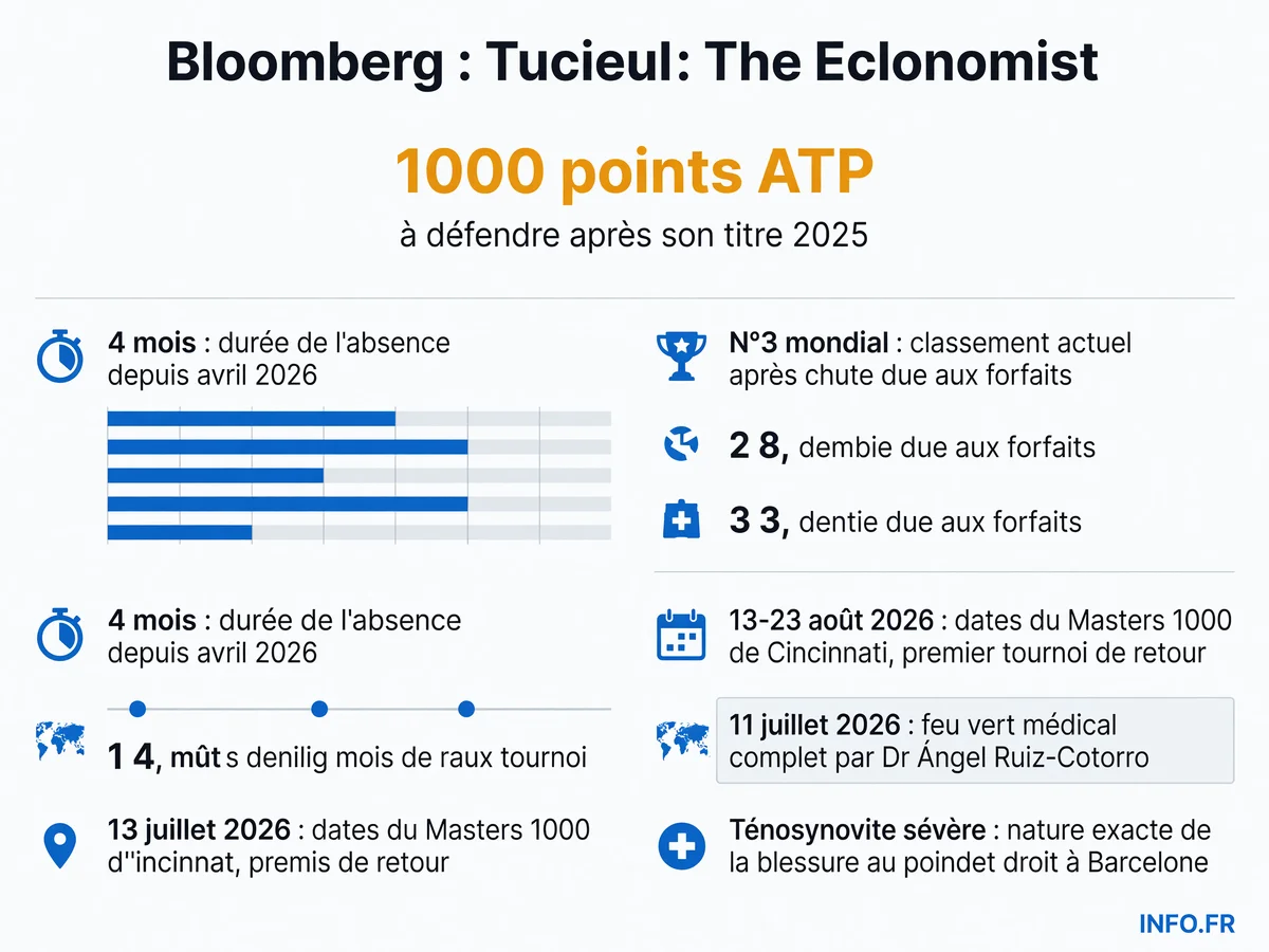 Infographie présentant les données clés du retour de Carlos Alcaraz au Masters 1000 de Cincinnati après quatre mois d'absence pour blessure au poignet droit