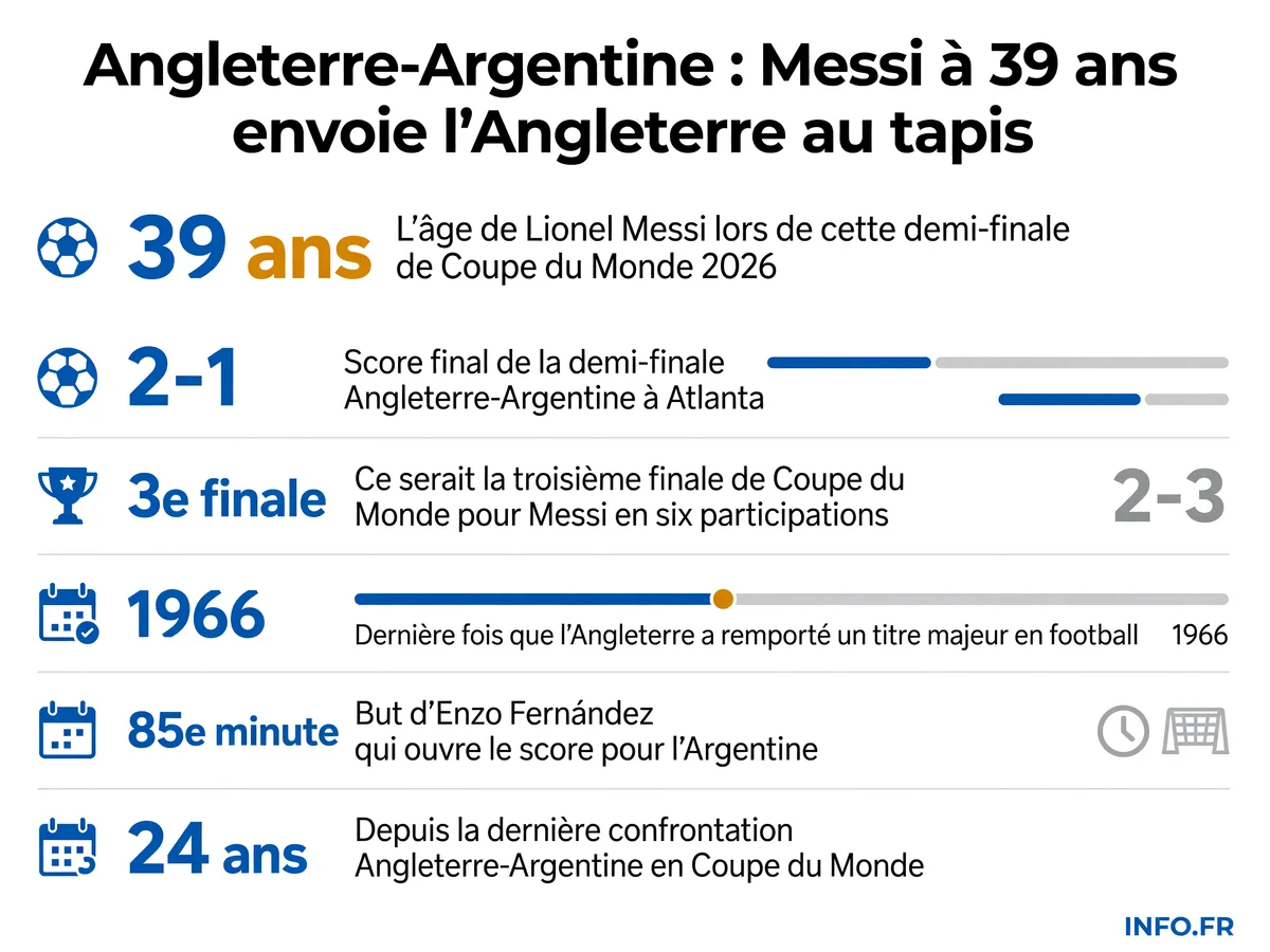 Infographie présentant les statistiques clés de la demi-finale Angleterre-Argentine de la Coupe du Monde 2026, avec les huit buts de Messi à un du record de Klose et le parcours des deux équipes jusqu'à ce match décisif à Atlanta