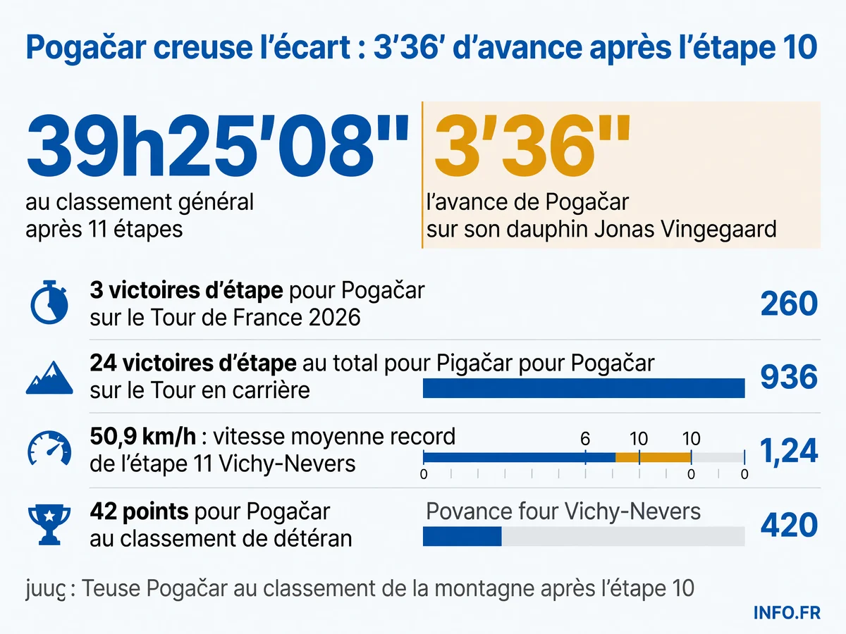 Classement général du Tour de France 2026 après 11 étapes avec Tadej Pogačar en tête devant Jonas Vingegaard et Remco Evenepoel