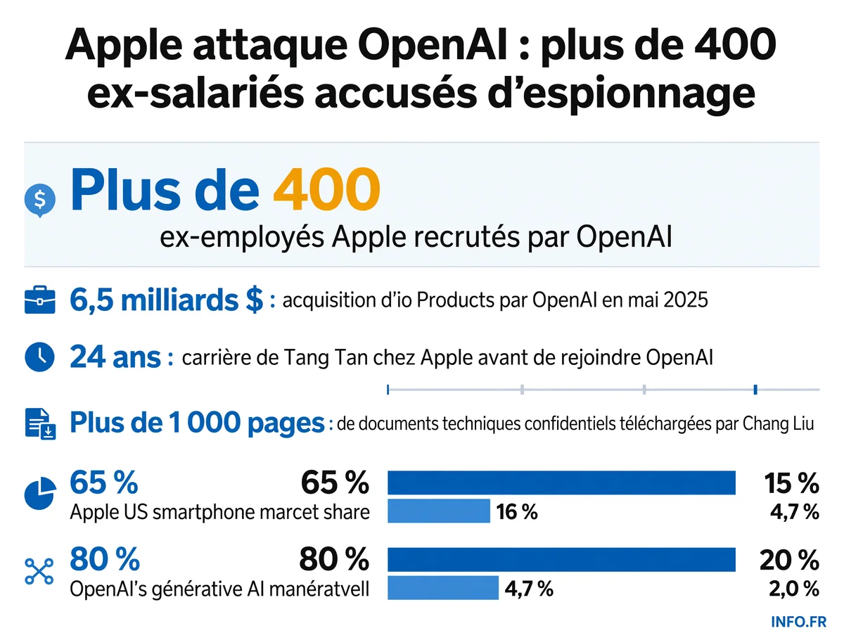 Infographie présentant les chiffres clés de la plainte d'Apple contre OpenAI pour vol de secrets industriels: plus de 400 ex-salariés recrutés, 6,4 à 6,5 milliards de dollars d'acquisition, et 1 000 pages de documents exfiltrés.