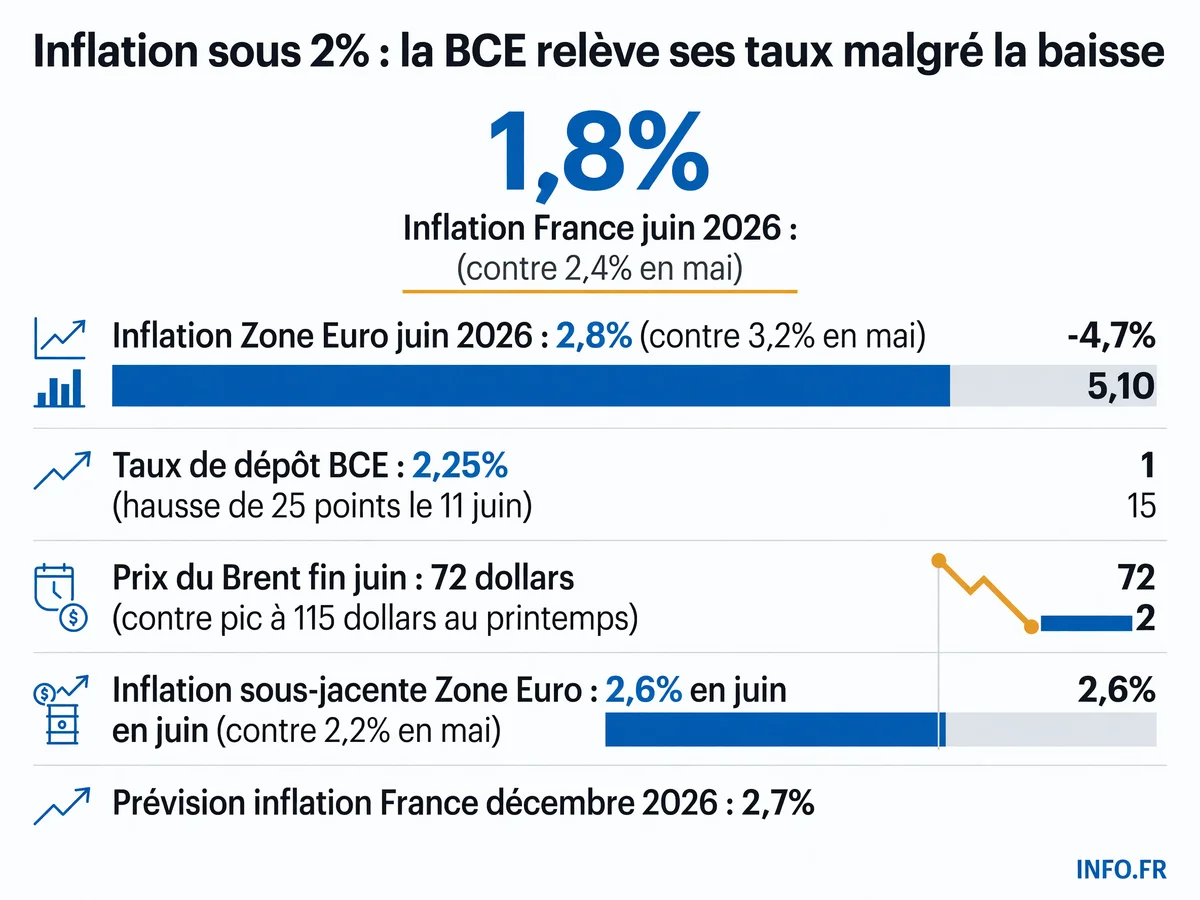 Évolution de l'inflation en France et dans la Zone Euro en juin 2026, avec la hausse des taux directeurs de la BCE malgré la baisse des prix
