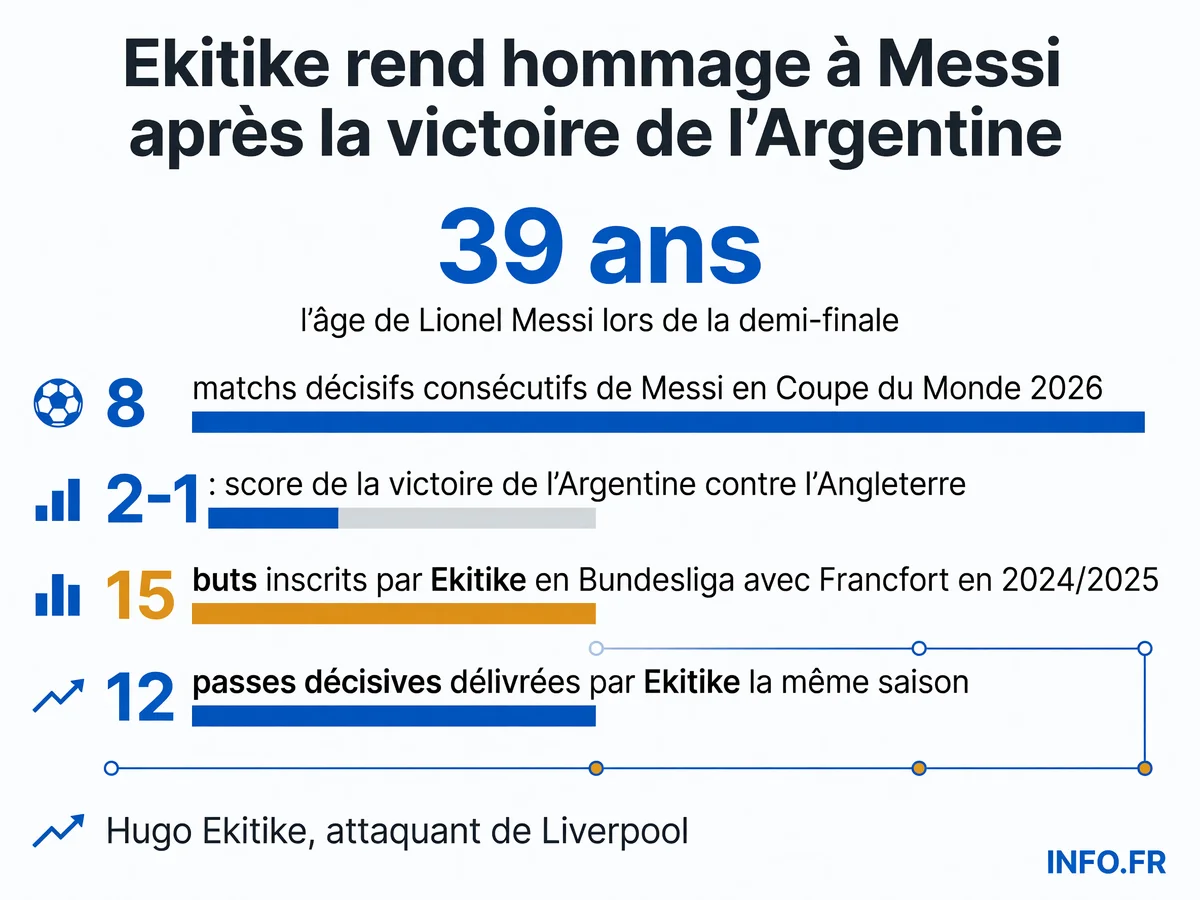 Les chiffres clés de l'hommage d'Hugo Ekitike à Lionel Messi après la demi-finale de Coupe du Monde 2026 remportée par l'Argentine