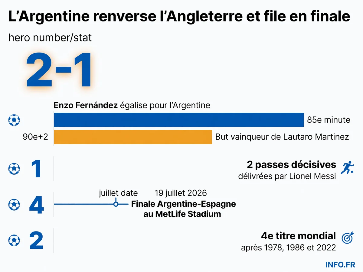 Infographie présentant les statistiques clés de la victoire 2-1 de l'Argentine contre l'Angleterre en demi-finale de la Coupe du Monde 2026