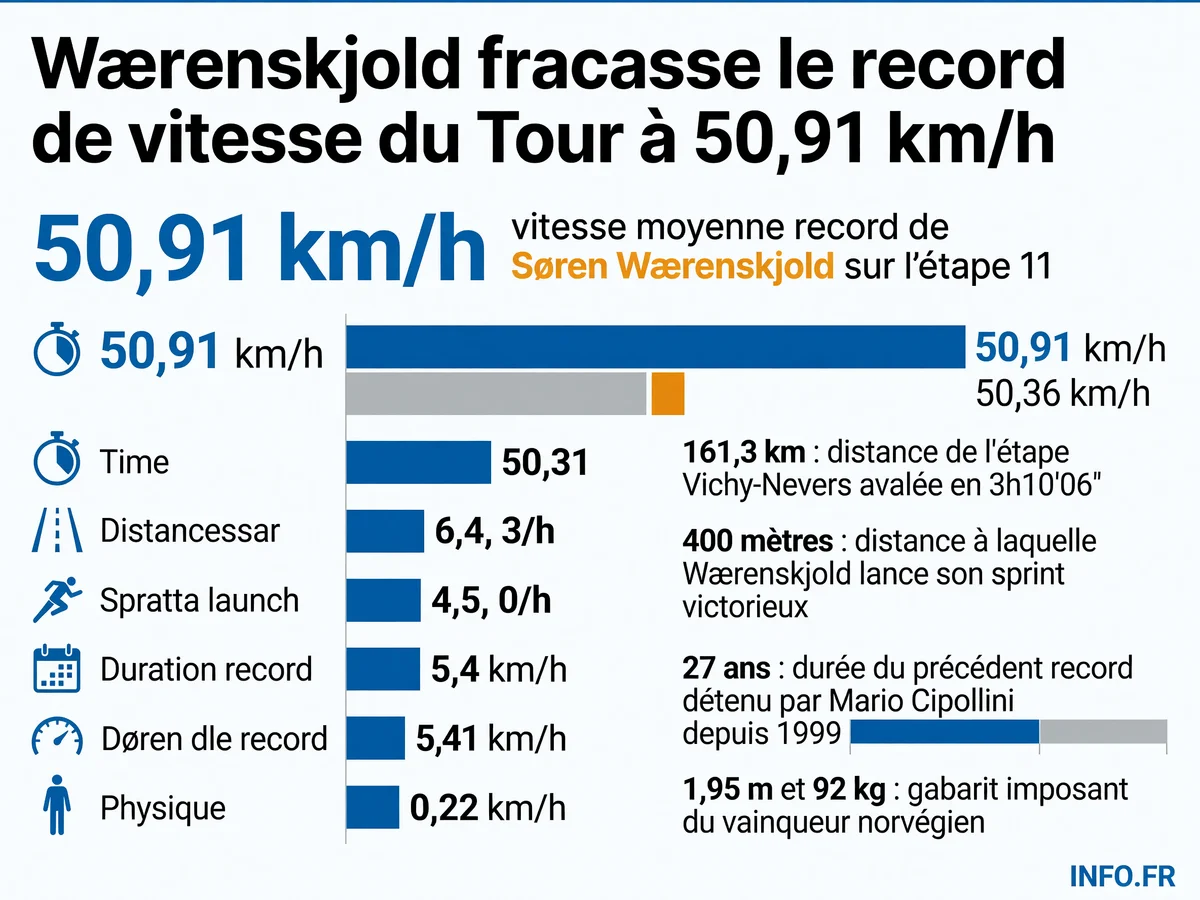 Søren Wærenskjold pulvérise le record de vitesse du Tour de France en remportant l'étape 11 Vichy-Nevers à 50,91 km/h de moyenne, battant le record de Mario Cipollini vieux de 27 ans.