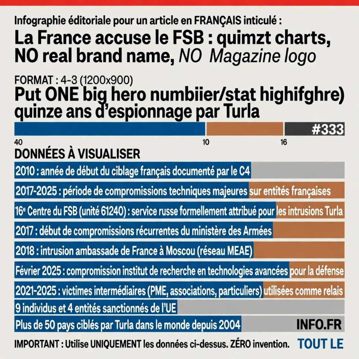 Chronologie des compromissions d'entités françaises par le FSB via Turla entre 2010 et 2025, avec attribution formelle à l'unité militaire 61240 du 16e Centre et sanctions européennes en réponse.