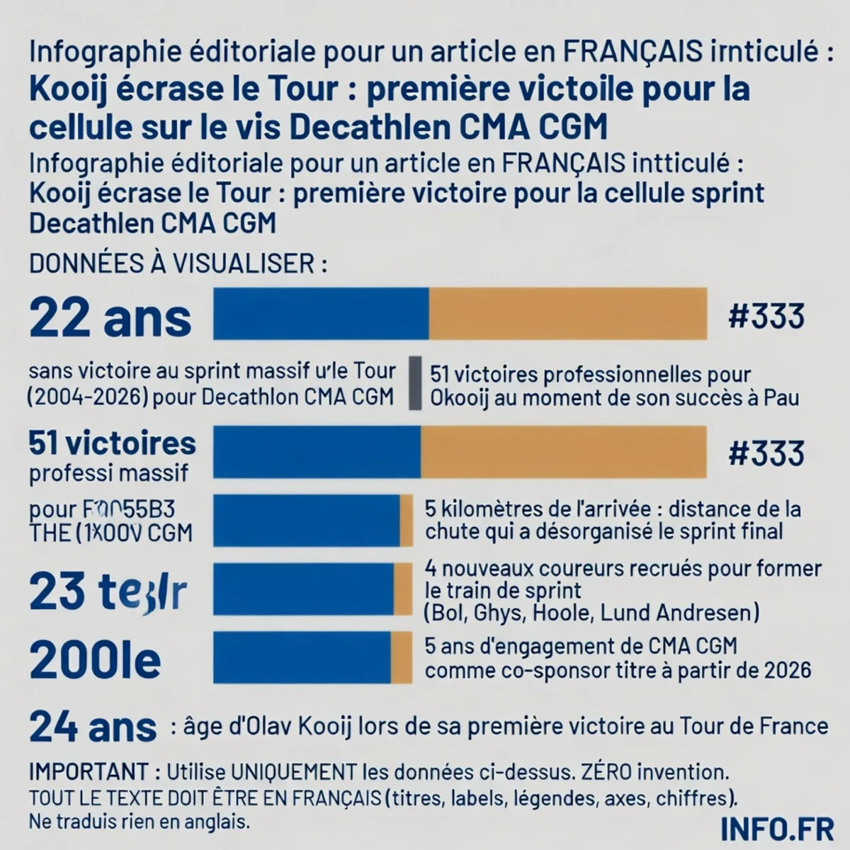 Chronologie de la transformation de l'équipe Decathlon CMA CGM, de sa fondation en 1992 à la première victoire au sprint de Kooij en 2026, avec les étapes clés du projet cellule sprint.