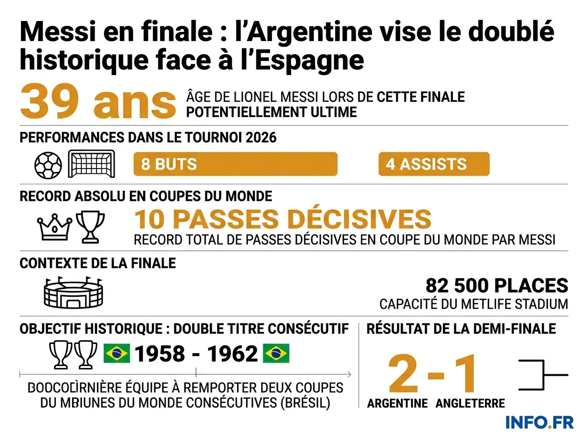 Statistiques clés de la finale de la Coupe du Monde 2026 entre l'Argentine et l'Espagne au MetLife Stadium de New York.
