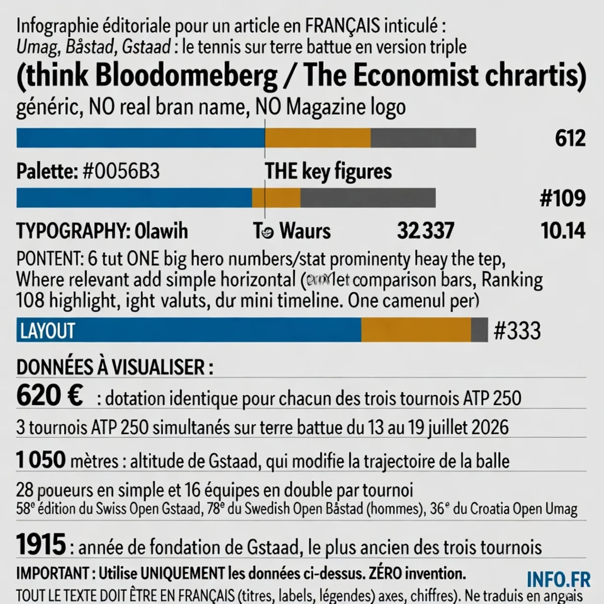 Infographie présentant les trois tournois ATP 250 simultanés sur terre battue en juillet 2026: Umag (Croatie), Båstad (Suède) et Gstaad (Suisse), avec leurs dates, dotations et spécificités.