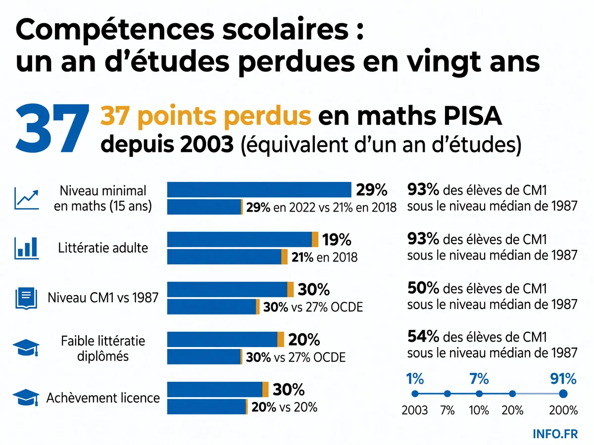 Évolution des compétences scolaires en France selon les données OCDE PISA et PIAAC de 2003 à 2026