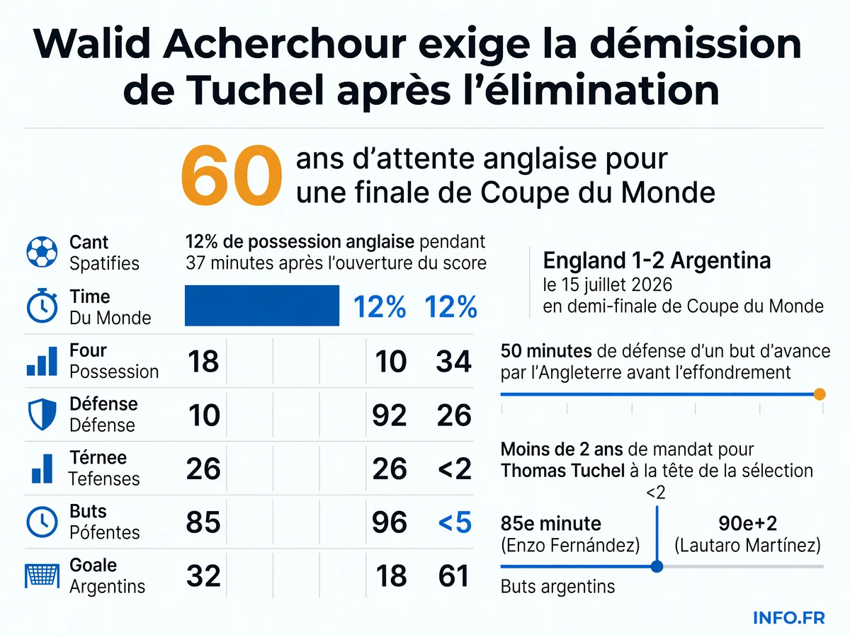 Les statistiques de la défaite anglaise 1-2 face à l'Argentine en demi-finale de Coupe du Monde 2026 avec 37 minutes à 12 % de possession après l'ouverture du score