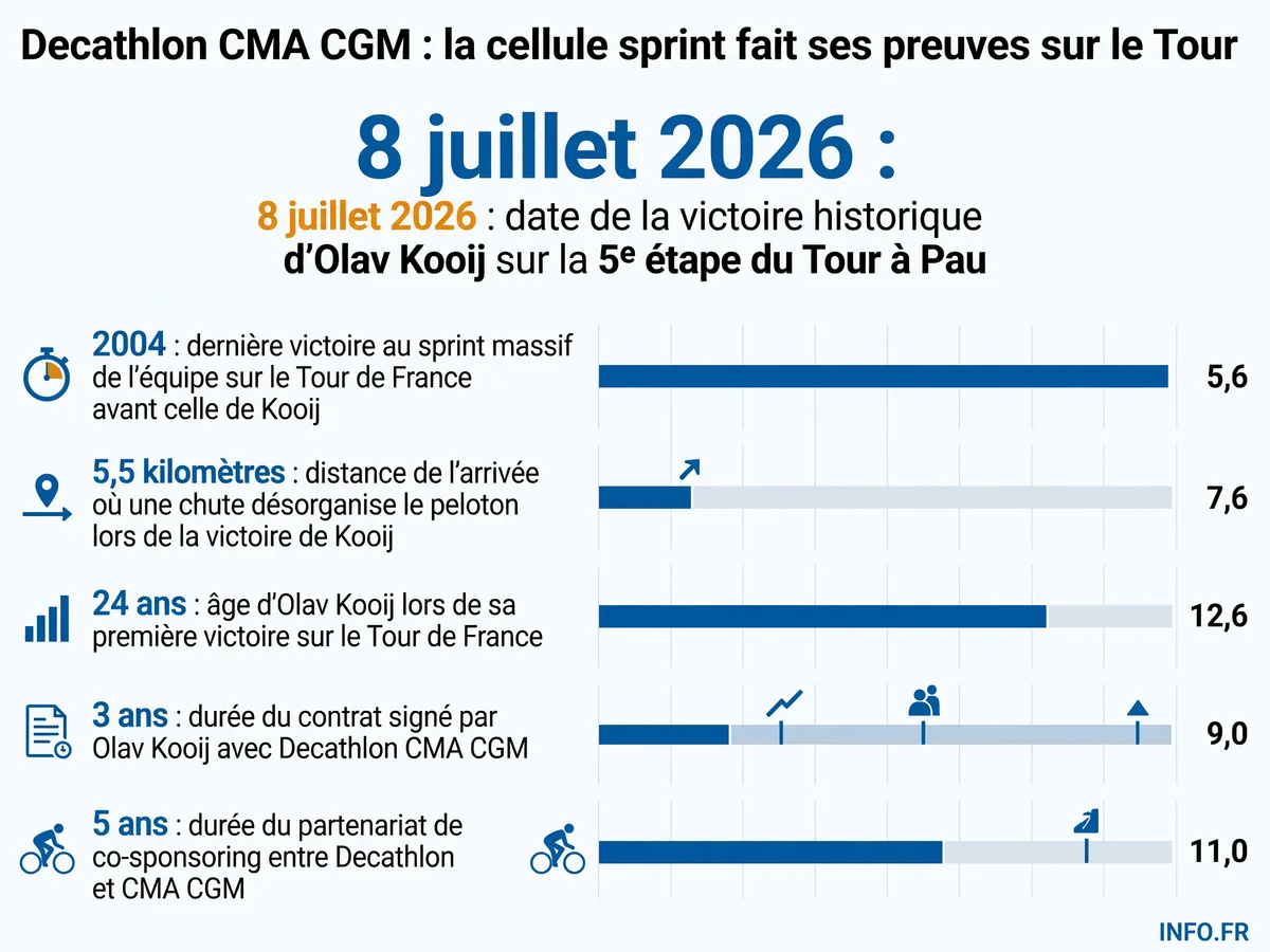 Chronologie de la transformation de l'équipe Decathlon CMA CGM de 1992 à 2026, marquée par la création de la cellule sprint et la victoire d'Olav Kooij à Pau.