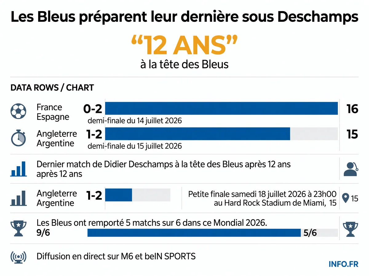 Infographie présentant les données clés de la petite finale France-Angleterre: scores des demi-finales, date et heure du match, lieu de diffusion et bilan du parcours français.