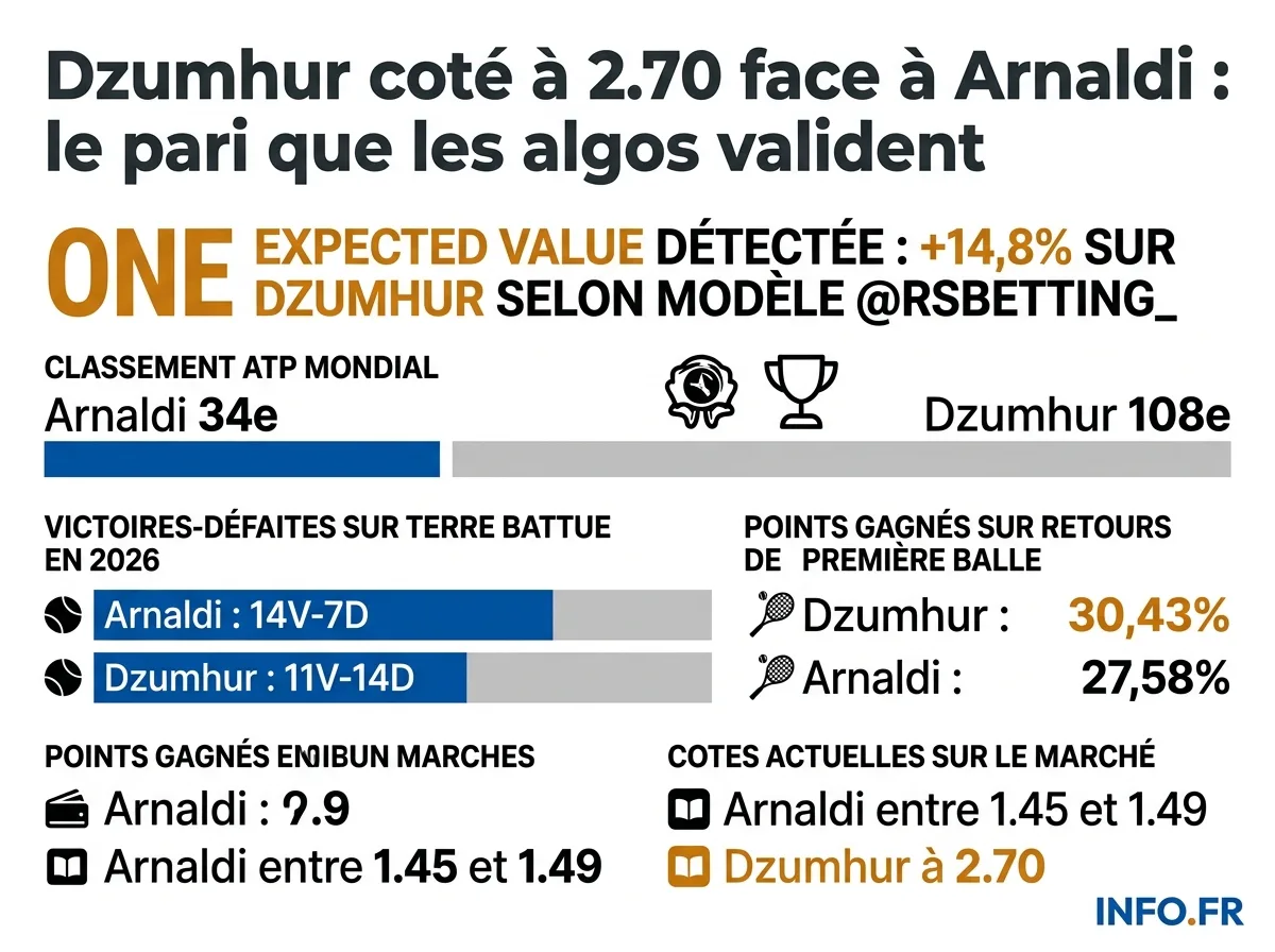 Comparaison statistiques Dzumhur vs Arnaldi sur terre battue 2026 avec cotes bookmakers et expected value algorithmique pour le quart de finale ATP Umag