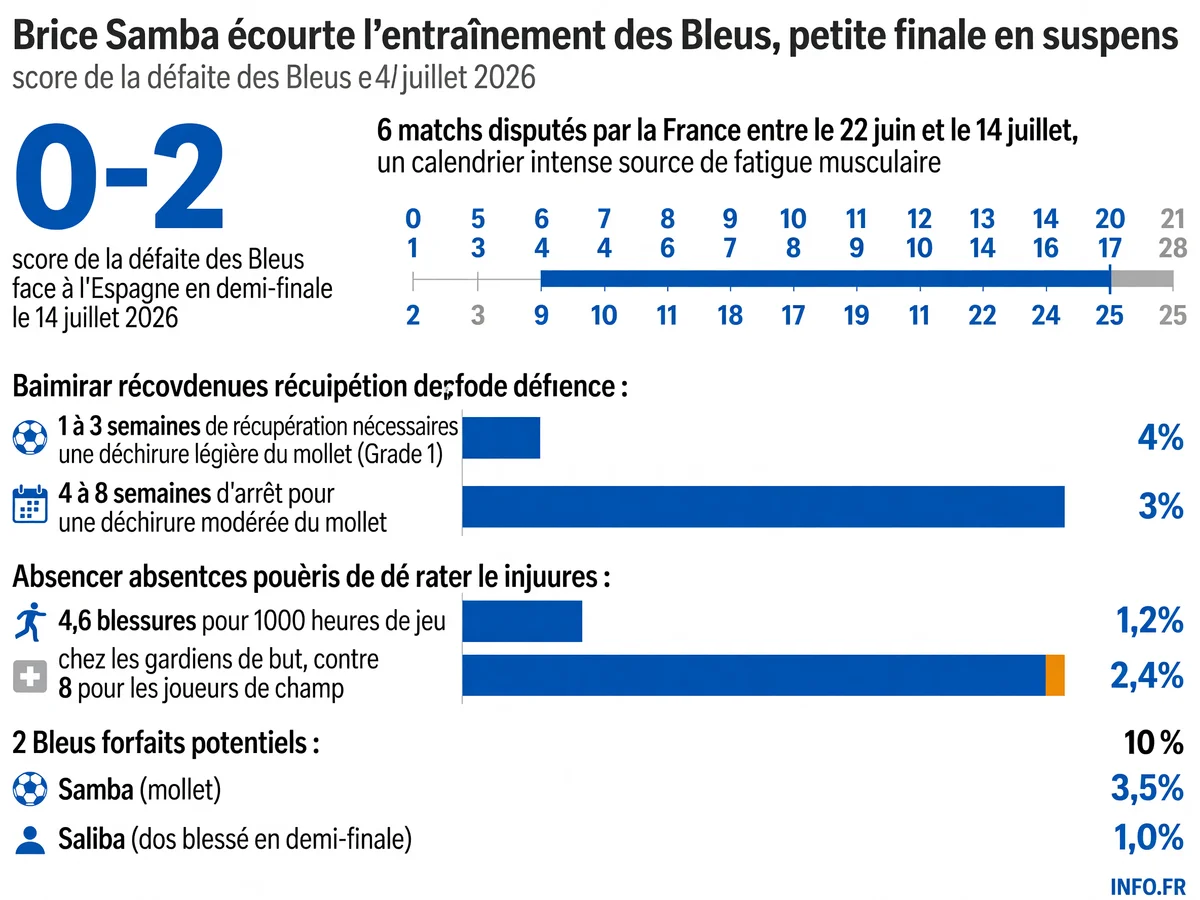 Infographie sur la blessure au mollet de Brice Samba et ses implications pour la petite finale de la Coupe du monde 2026