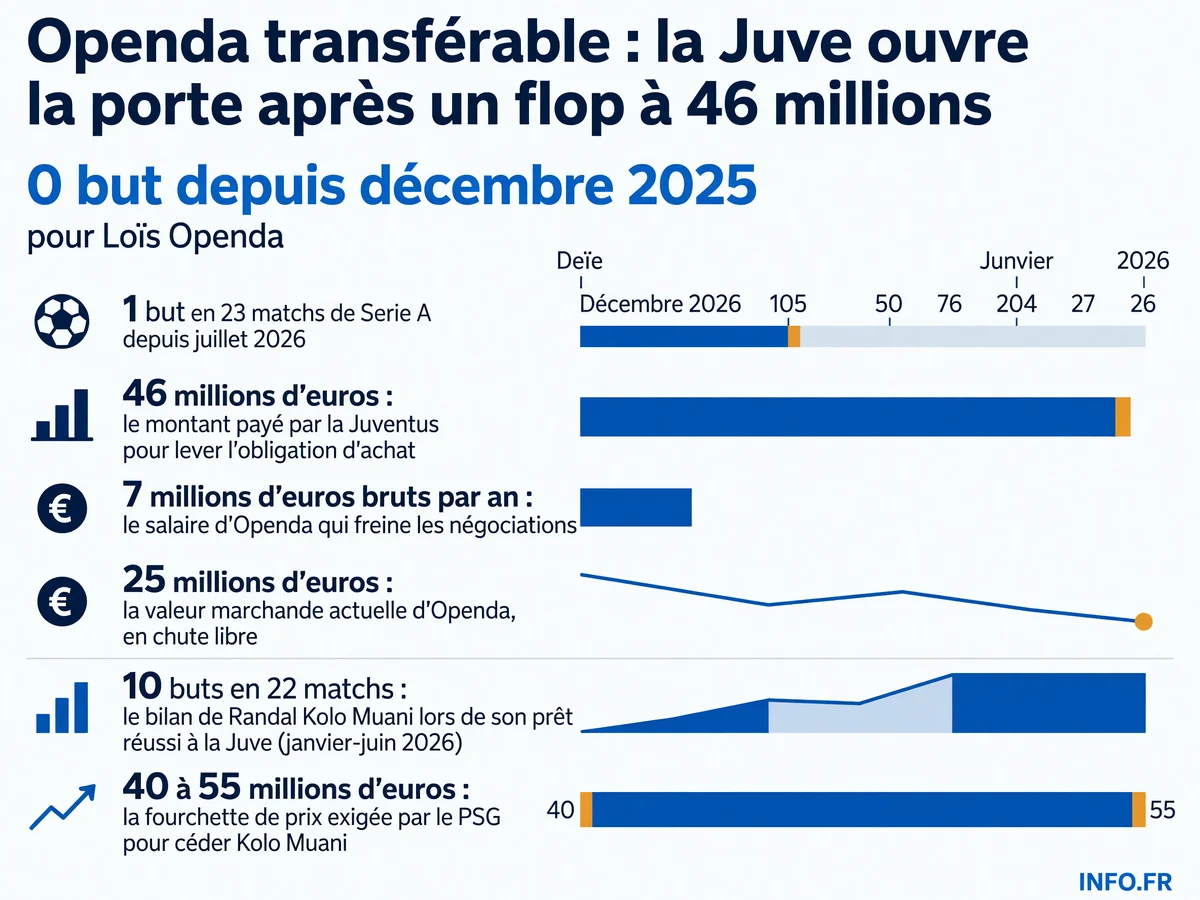 Statistiques du transfert de Loïs Openda à la Juventus et du dossier Randal Kolo Muani entre le PSG et Turin.
