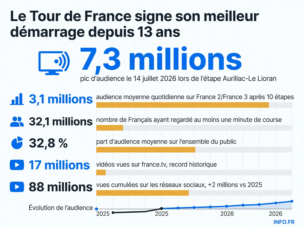 Infographie représentant les chiffres d'audience du Tour de France 2026 sur France Télévisions après 10 étapes, avec pic à 7,3 millions le 14 juillet.