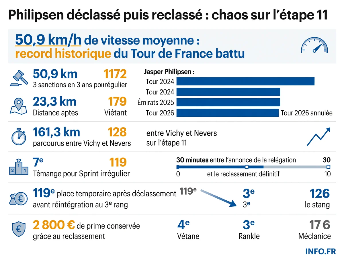 Chronologie du chaos arbitral de l'étape 11: Jasper Philipsen déclassé puis reclassé en trente minutes après réexamen vidéo.