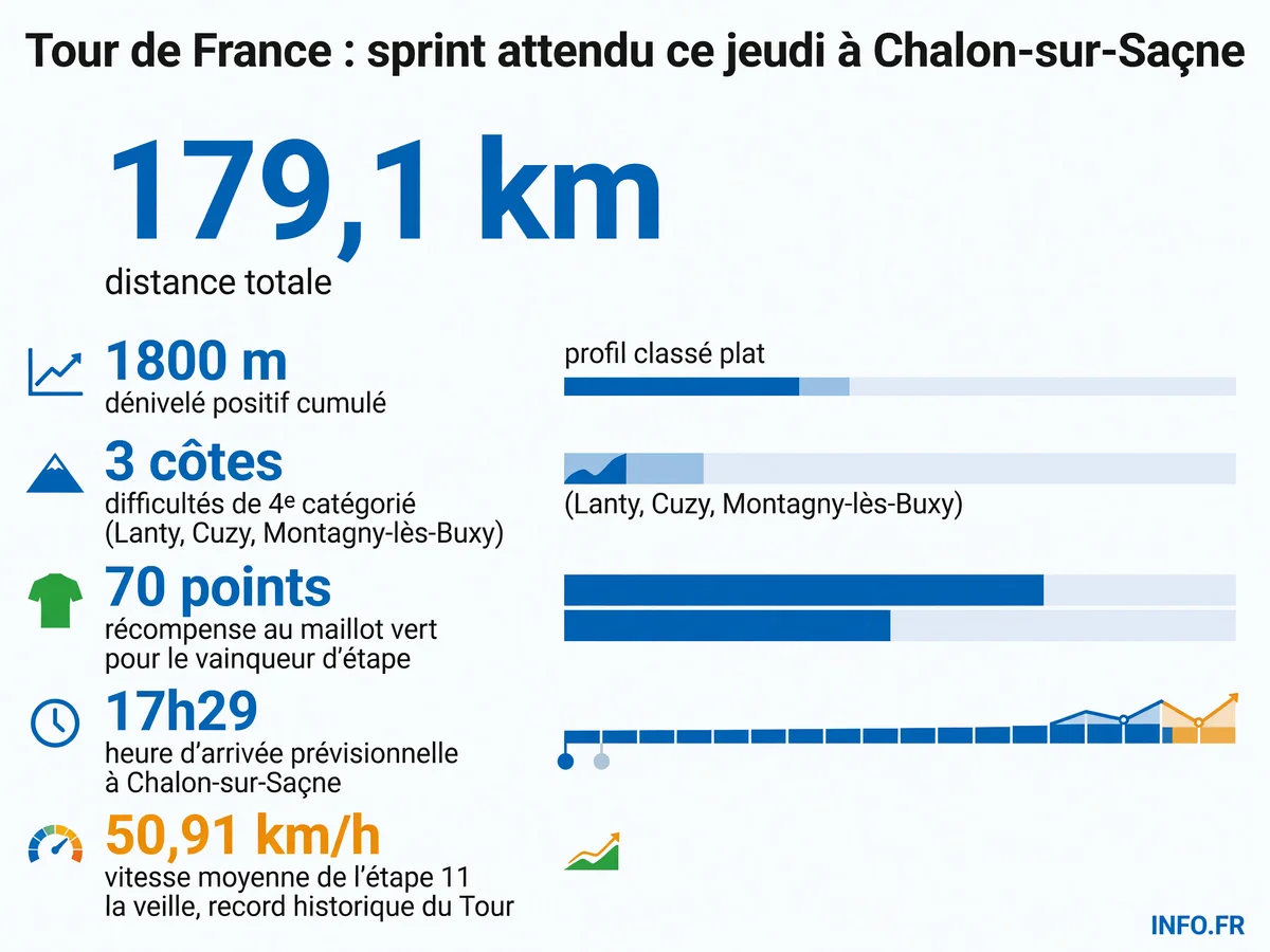 Profil et données clés de la 12e étape du Tour de France 2026 entre Magny-Cours et Chalon-sur-Saône: 179,1 km de plaine avec trois côtes de 4e catégorie et arrivée au sprint attendue.