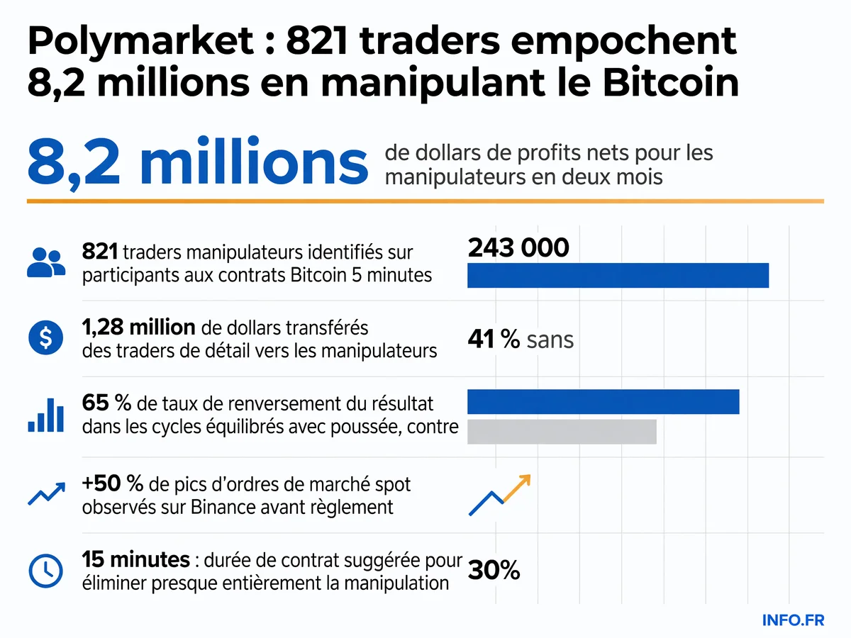 Schéma de la manipulation des contrats Bitcoin 5 minutes sur Polymarket: 821 traders créent des poussées artificielles sur Binance avant le règlement pour empocher 8,2 millions de dollars en deux mois.