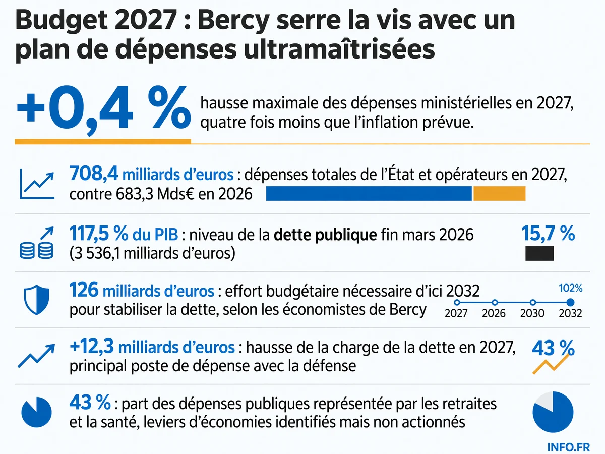 Plan de rigueur budgétaire 2027: répartition des hausses et baisses de crédits ministériels, explosion de la charge de la dette et de la défense, projection de déficit et dette publique sans mesures correctrices