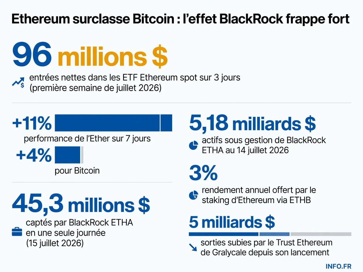 Graphique comparatif des flux ETF Ethereum versus Bitcoin en juillet 2026, montrant la surperformance des produits BlackRock ETHA et ETHB face aux véhicules historiques comme Grayscale.