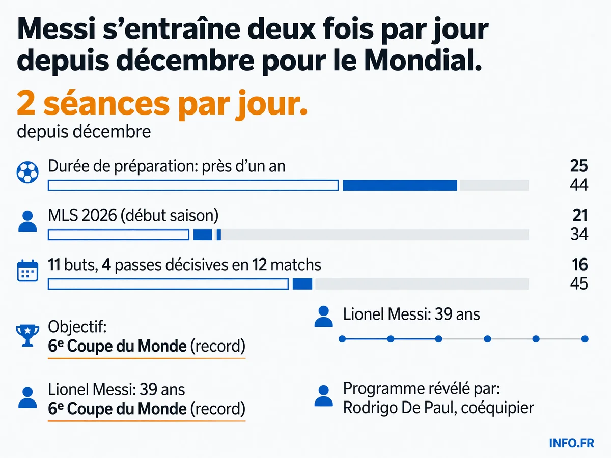 Lionel Messi enchaîne deux séances d'entraînement quotidiennes depuis décembre 2025 pour préparer la Coupe du Monde 2026 à 39 ans, avec 11 buts et 4 passes décisives en 12 matchs MLS.