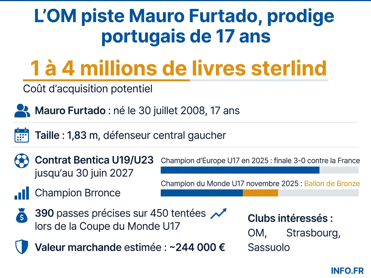 Profil et parcours de Mauro Furtado, défenseur central portugais de 17 ans pisté par l'OM, champion d'Europe et du monde U17 en 2025