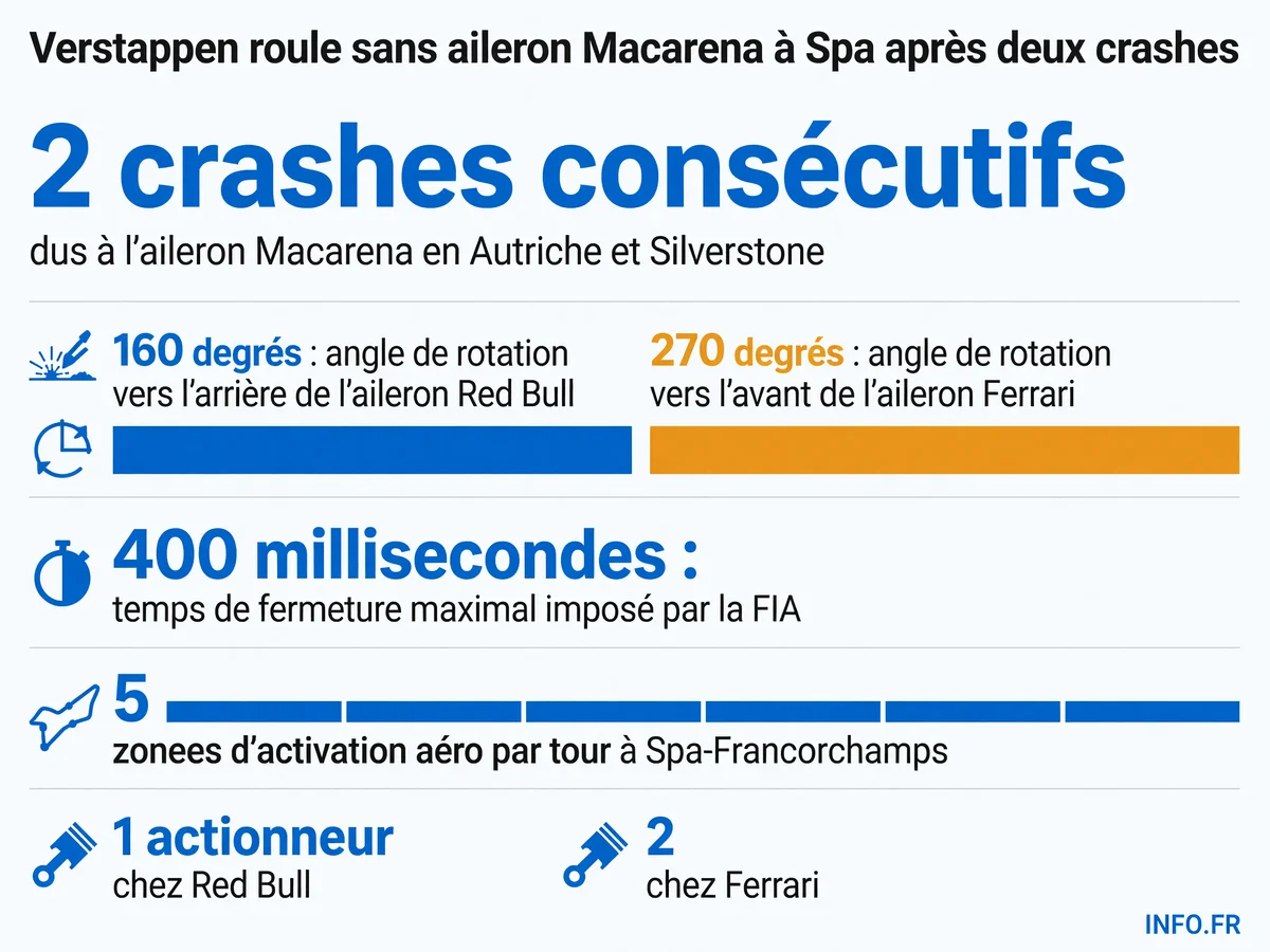 Comparaison technique des ailerons arrière rotatifs Macarena de Red Bull et Ferrari, avec angles de rotation, nombre d'actionneurs et incidents recensés.