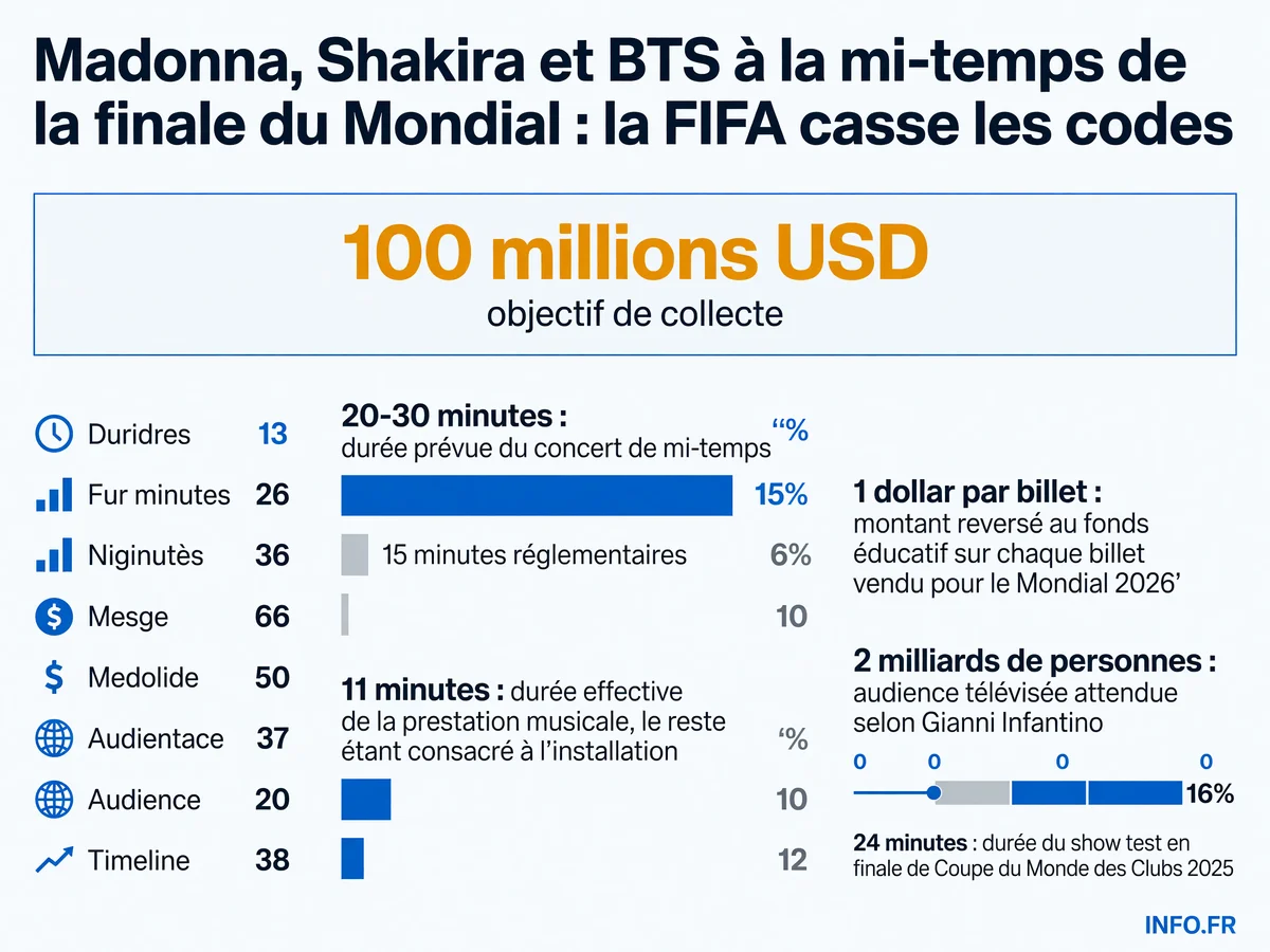 Infographie sur le concert de mi-temps de la finale de la Coupe du Monde 2026 avec Madonna, Shakira et BTS au MetLife Stadium le 19 juillet