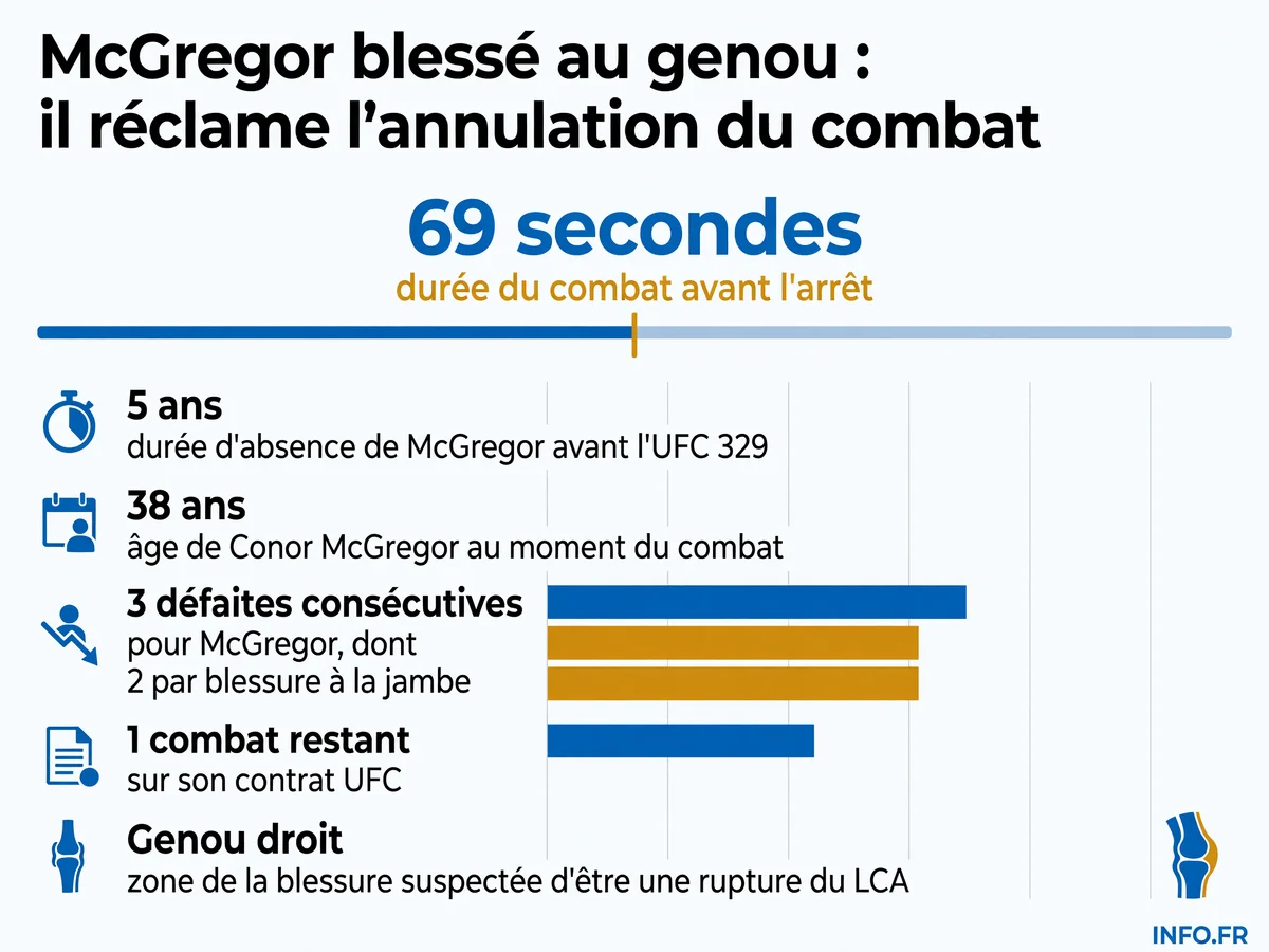 Chiffres clés de la blessure de Conor McGregor à l'UFC 329 face à Max Holloway le 11 juillet 2026 à Las Vegas.