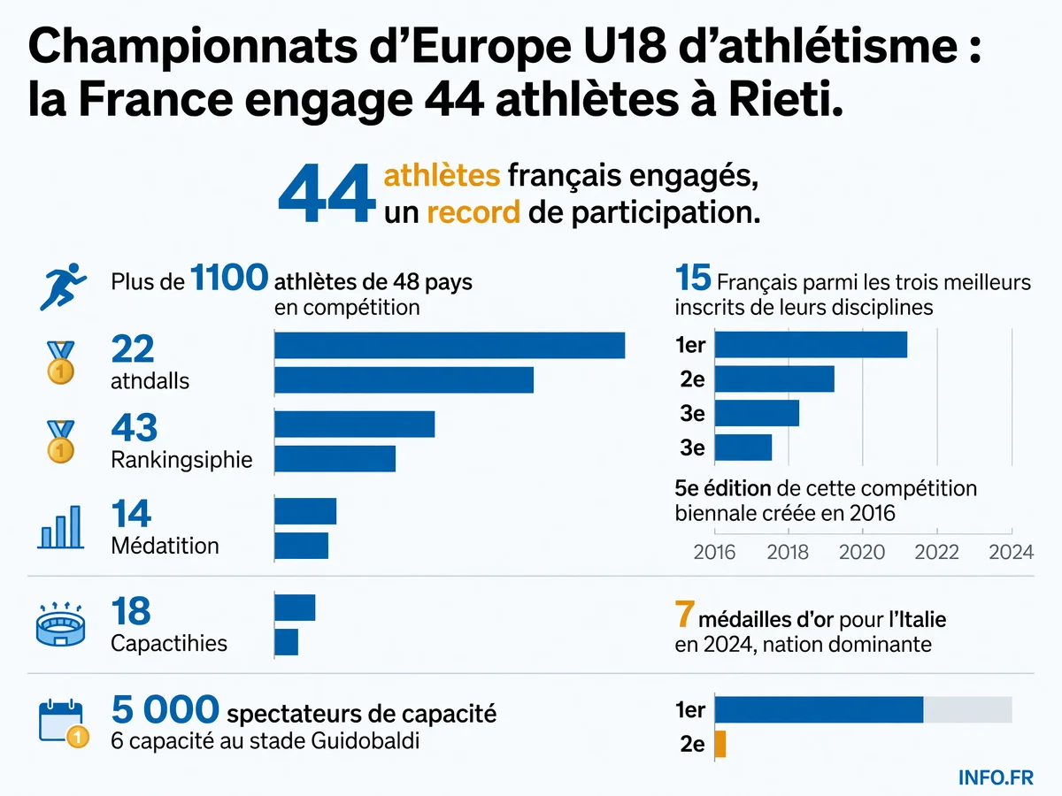 Infographie des Championnats d'Europe U18 d'athlétisme 2026 à Rieti: participation record de la France avec 44 athlètes dont 15 en position de médaille, sur plus de 1100 participants de 48 pays.